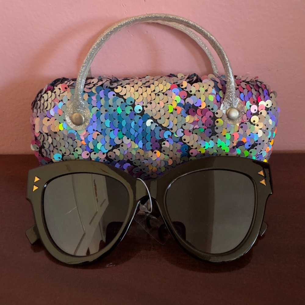 Sequin Eyeglasses Case + Oversized Sunglasses Bundle Sparkly Multicolor NWT